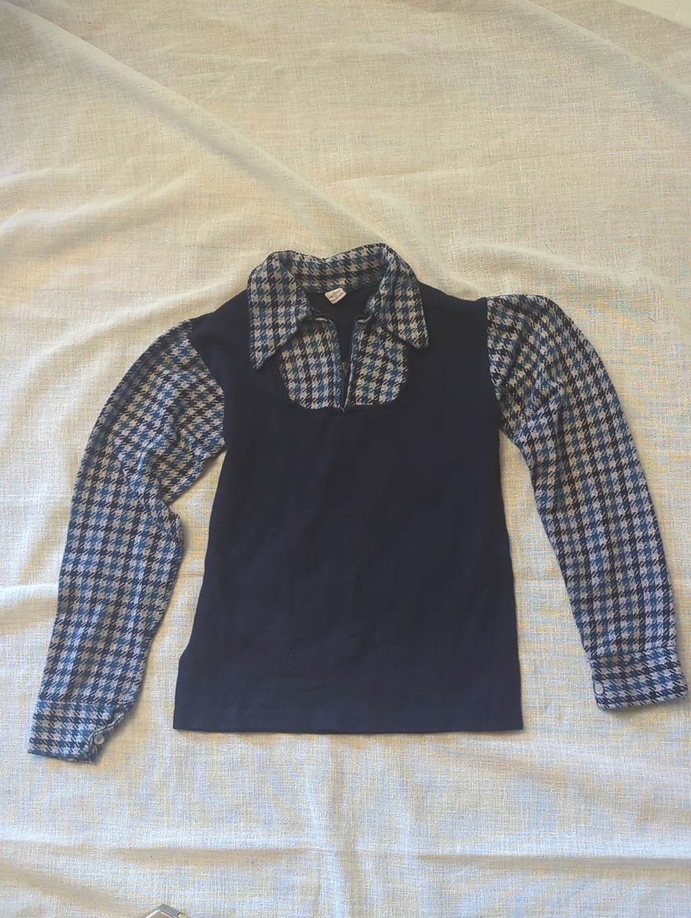 Vintage Donmoor Girls Navy 1970s Layered-Look Button Down Top Houndstooth Sleeve